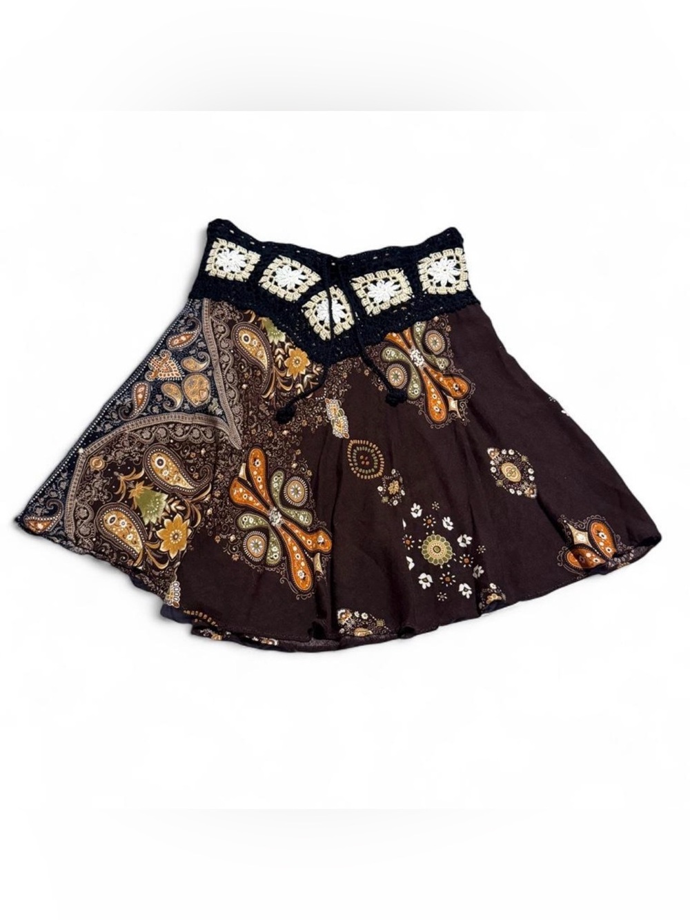 Bohemian Crochet detail Paisley Print strapless top - Brown